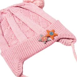 Knit Woollen Cap With Tie For Ear Cover Starry Pom Pom Pink
