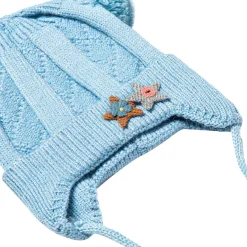 Knit Woollen Cap With Tie For Ear Cover Starry Pom Pom Blue