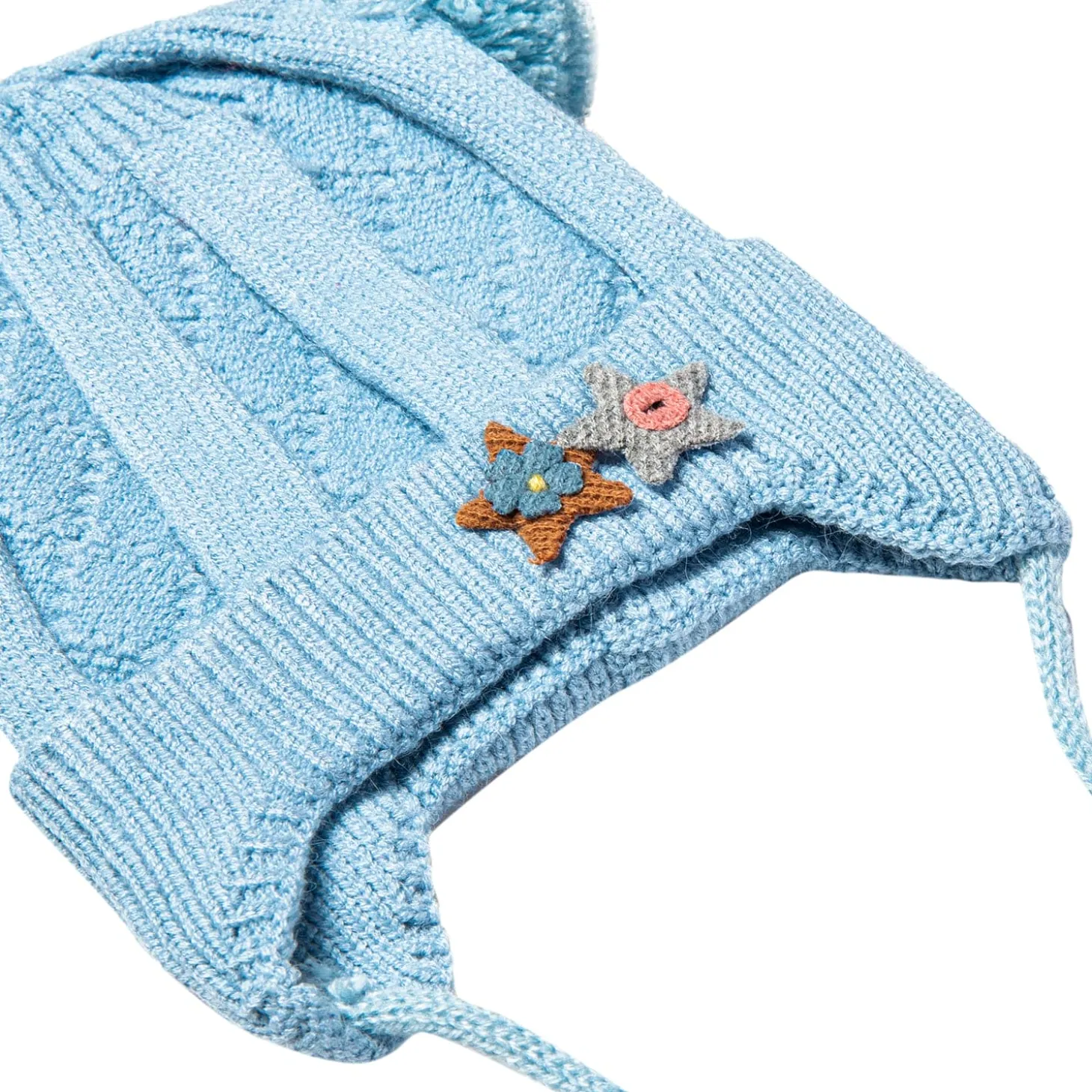 Knit Woollen Cap With Tie For Ear Cover Starry Pom Pom Blue