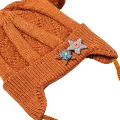 Knit Woollen Cap With Tie For Ear Cover Starry Pom Pom Brown