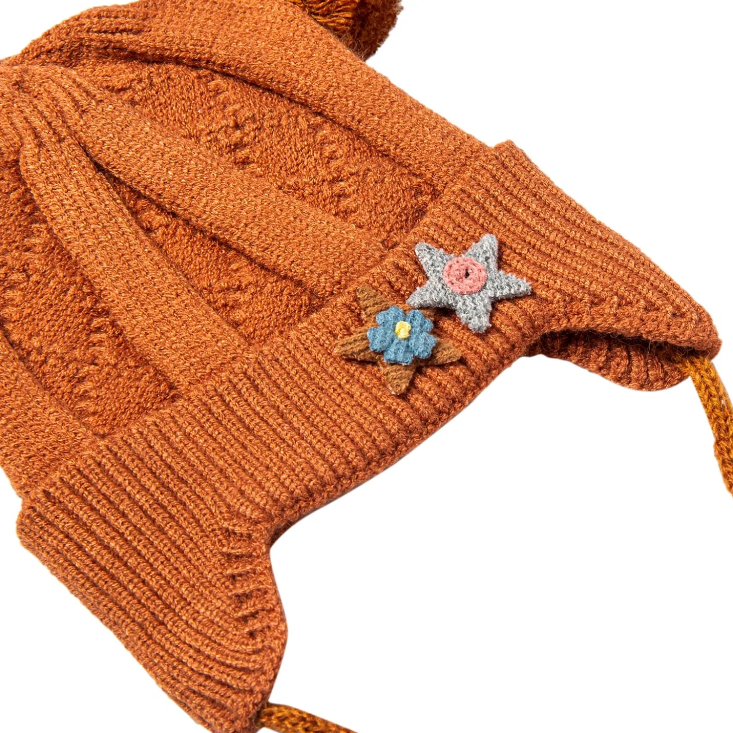 Knit Woollen Cap With Tie For Ear Cover Starry Pom Pom Brown