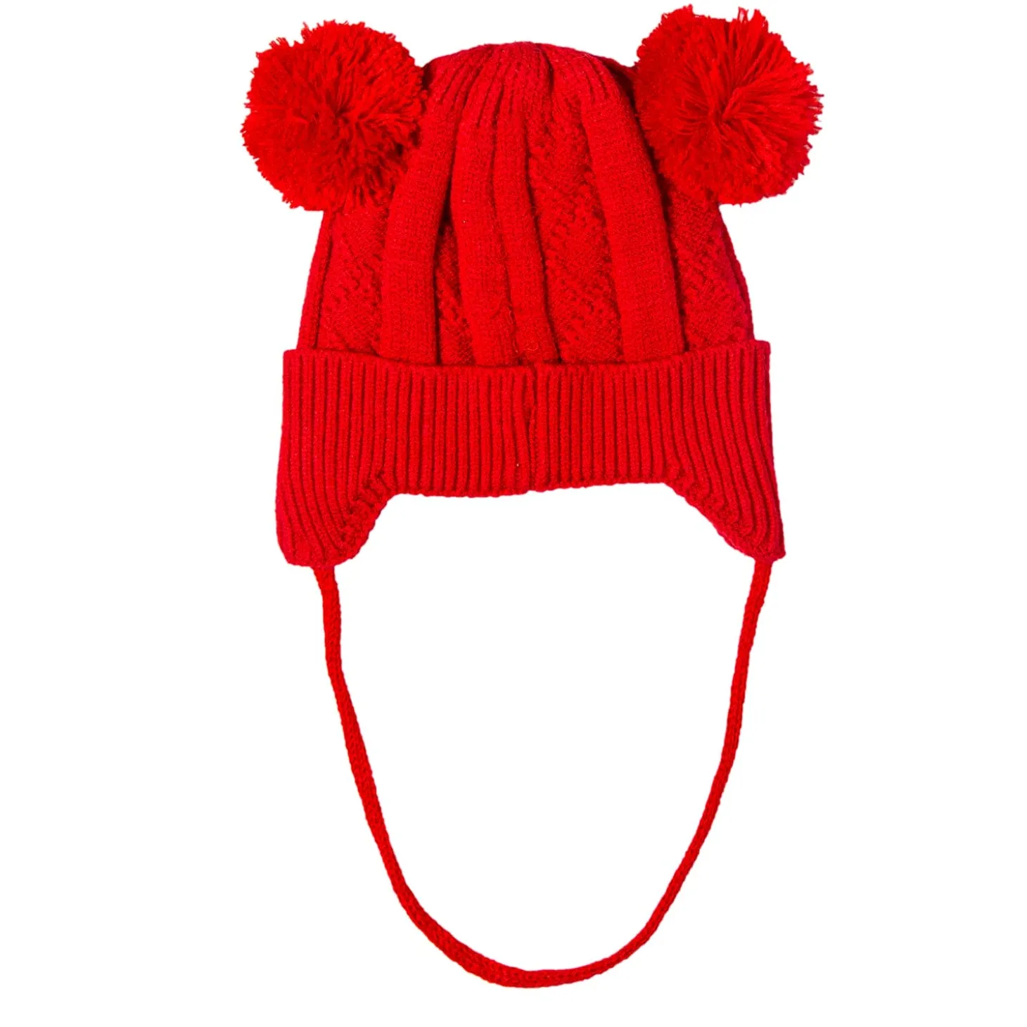 Knit Woollen Cap With Tie For Ear Cover Starry Pom Pom Red