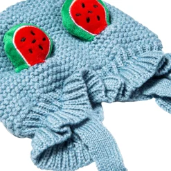 Knit Woollen Cap With Tie Knot For Ear Cover Watermelon Blue