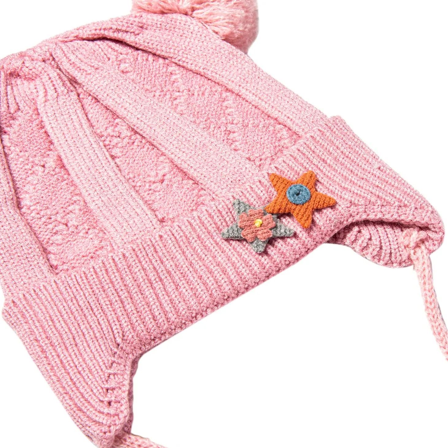 Knit Woollen Cap With Tie For Ear Cover Starry Pom Pom Pink