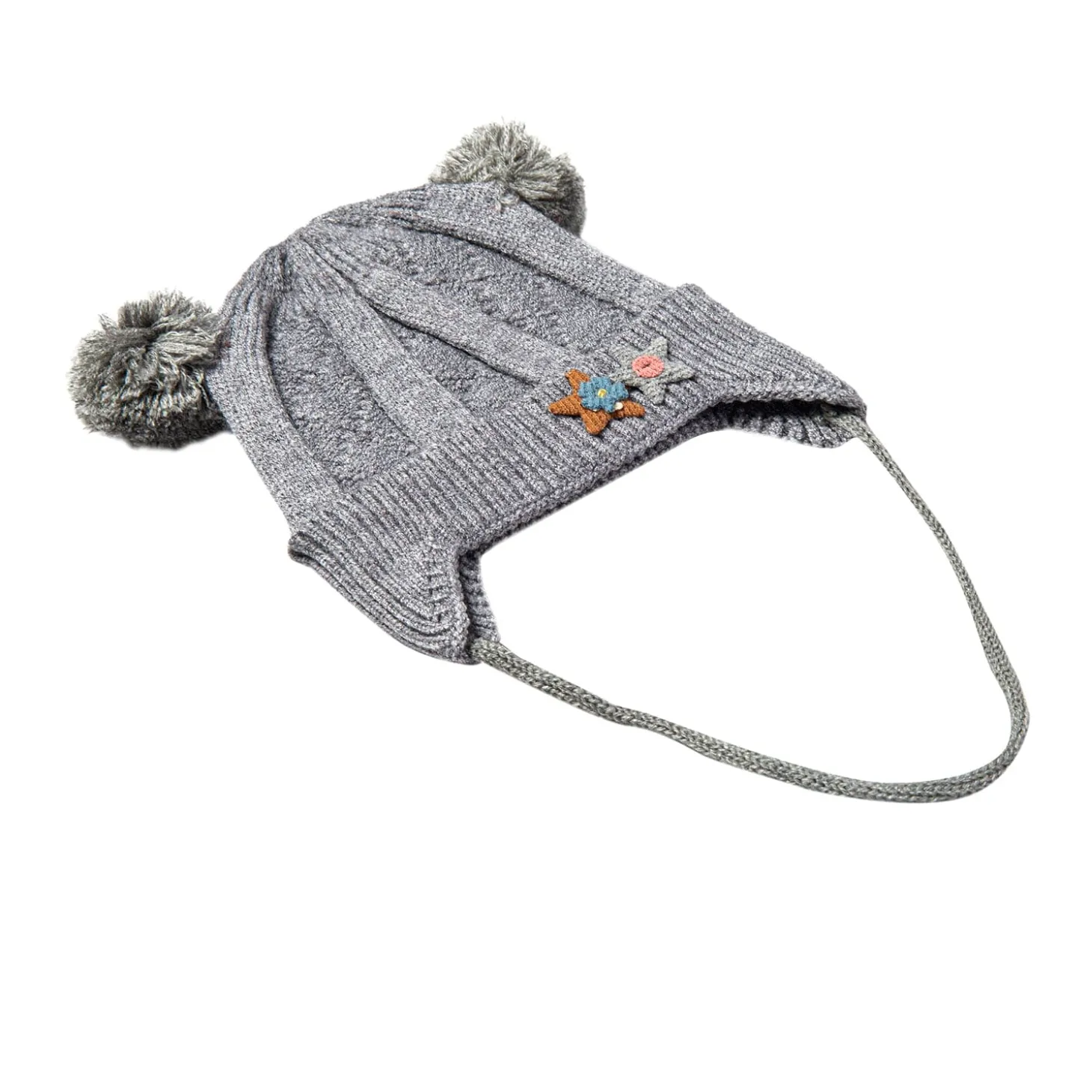 Knit Woollen Cap With Tie For Ear Cover Starry Pom Pom Grey