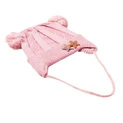 Knit Woollen Cap With Tie For Ear Cover Starry Pom Pom Pink