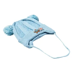 Knit Woollen Cap With Tie For Ear Cover Starry Pom Pom Blue