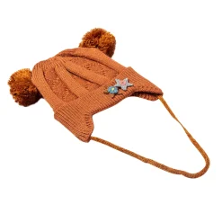 Knit Woollen Cap With Tie For Ear Cover Starry Pom Pom Brown
