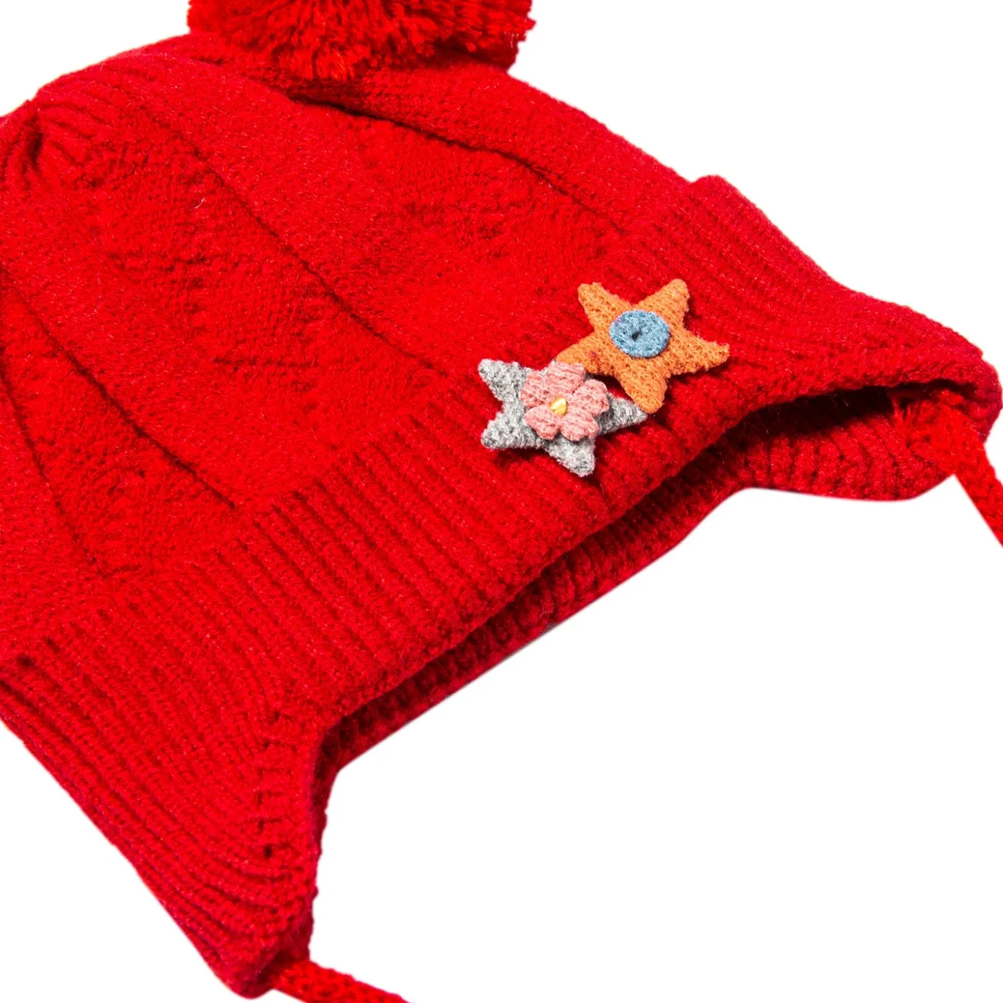 Knit Woollen Cap With Tie For Ear Cover Starry Pom Pom Red