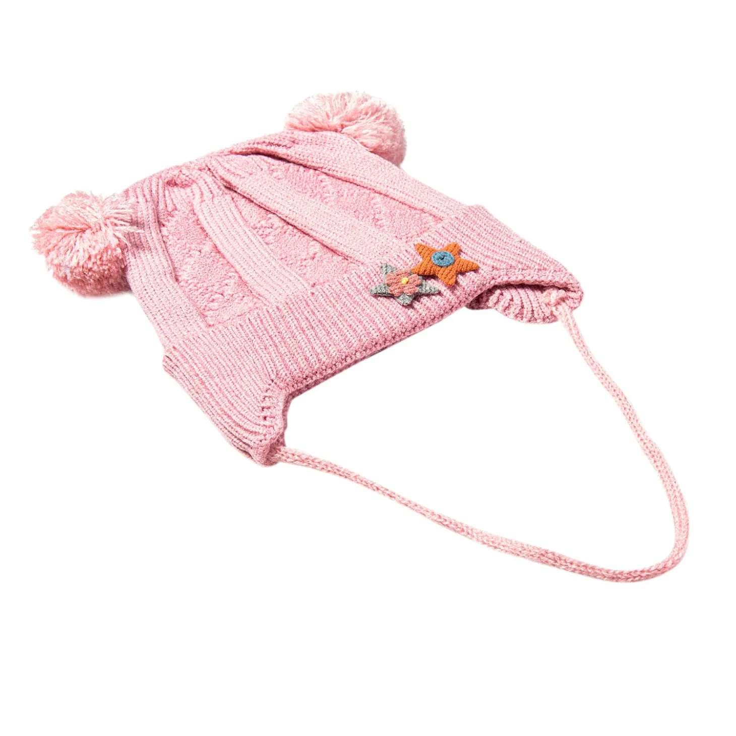 Knit Woollen Cap With Tie For Ear Cover Starry Pom Pom Pink