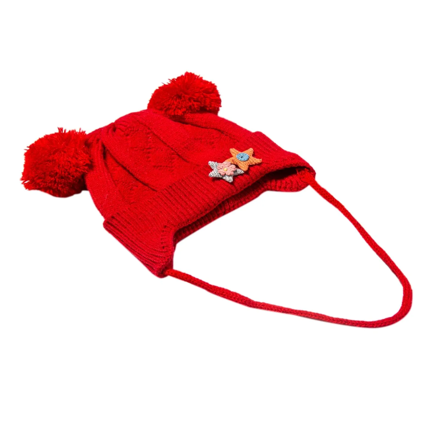 Knit Woollen Cap With Tie For Ear Cover Starry Pom Pom Red