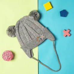 Knit Woollen Cap With Tie For Ear Cover Starry Pom Pom Grey