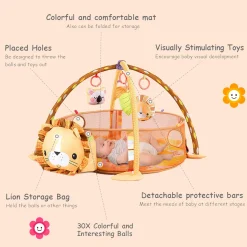 Lion Infant Play Mat Activity Gym With Hanging Toys And Balls - Yellow