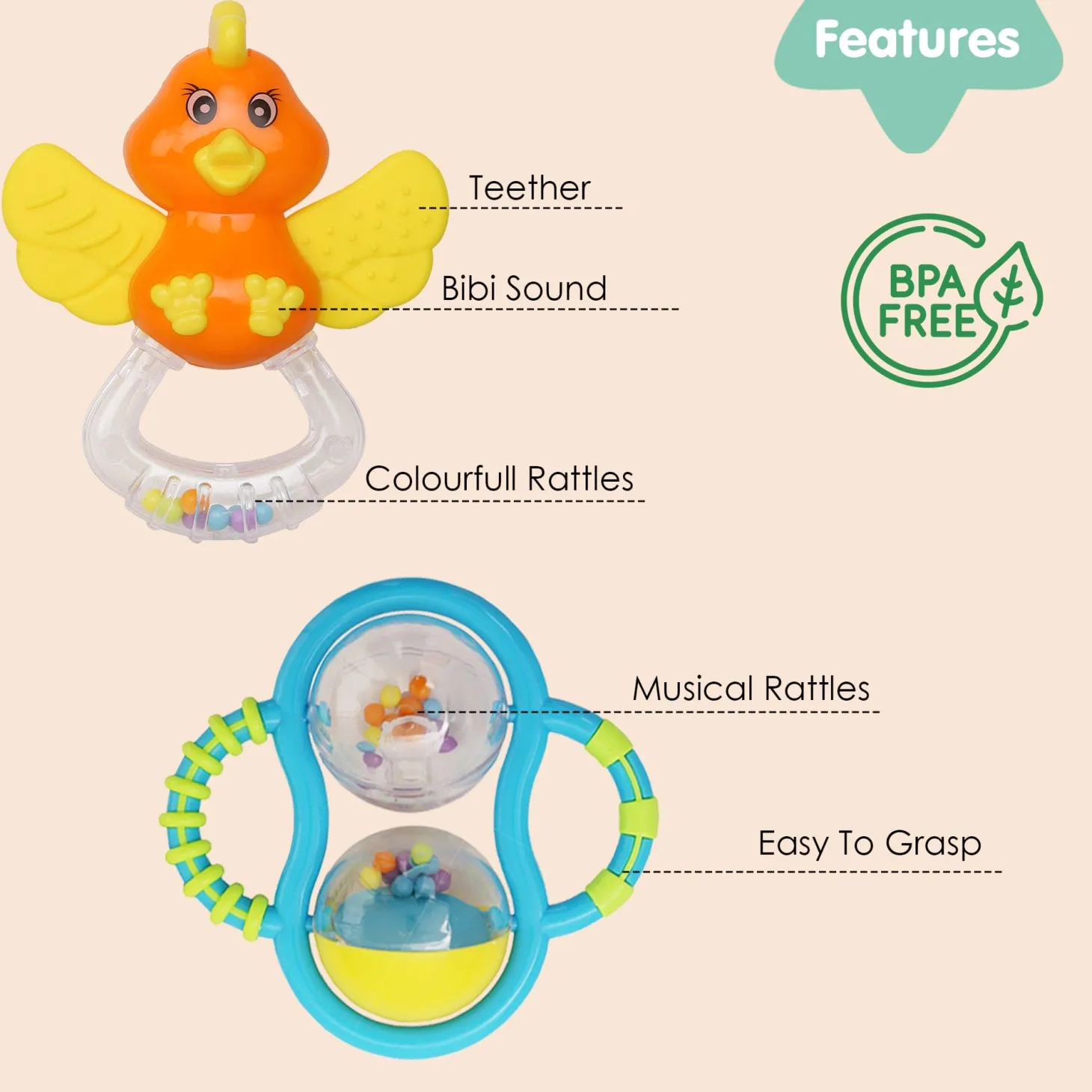 Mixed Multicolour Set of 4 Musical Rattle Toys With Light