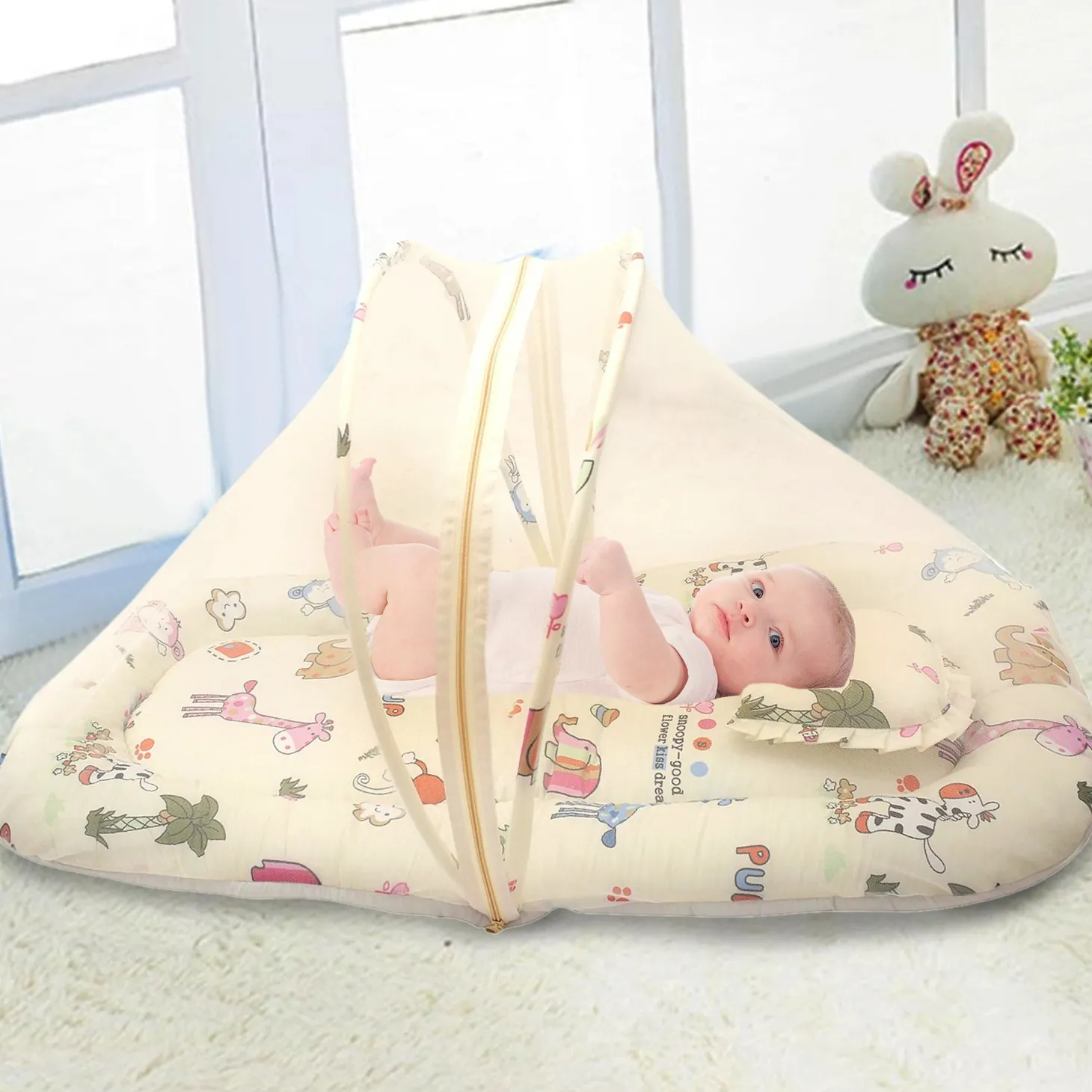 Mosquito Net Tent Mattress Set With Neck Pillow I Love Animals Cream