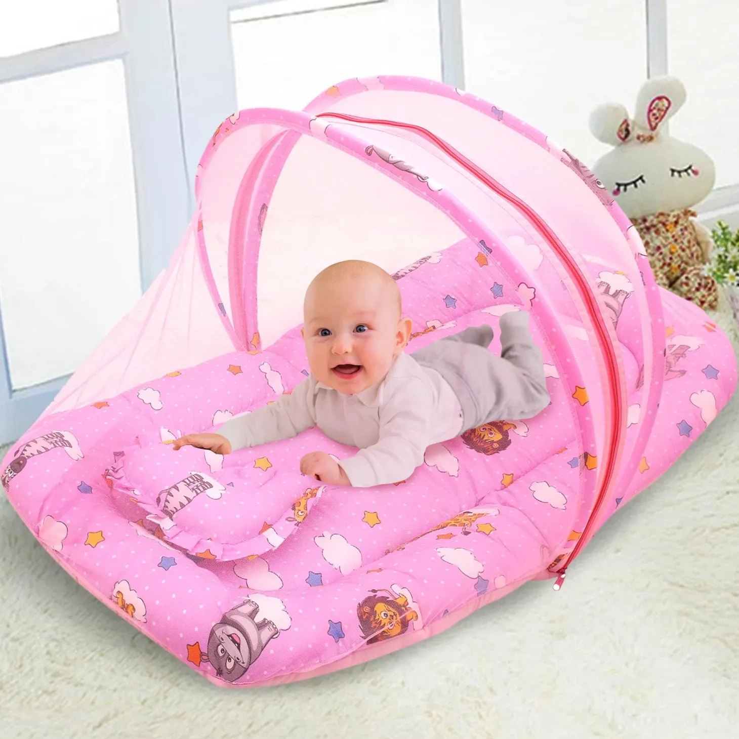 Mosquito Net Tent Mattress Set With Neck Pillow Flying Animals Pink