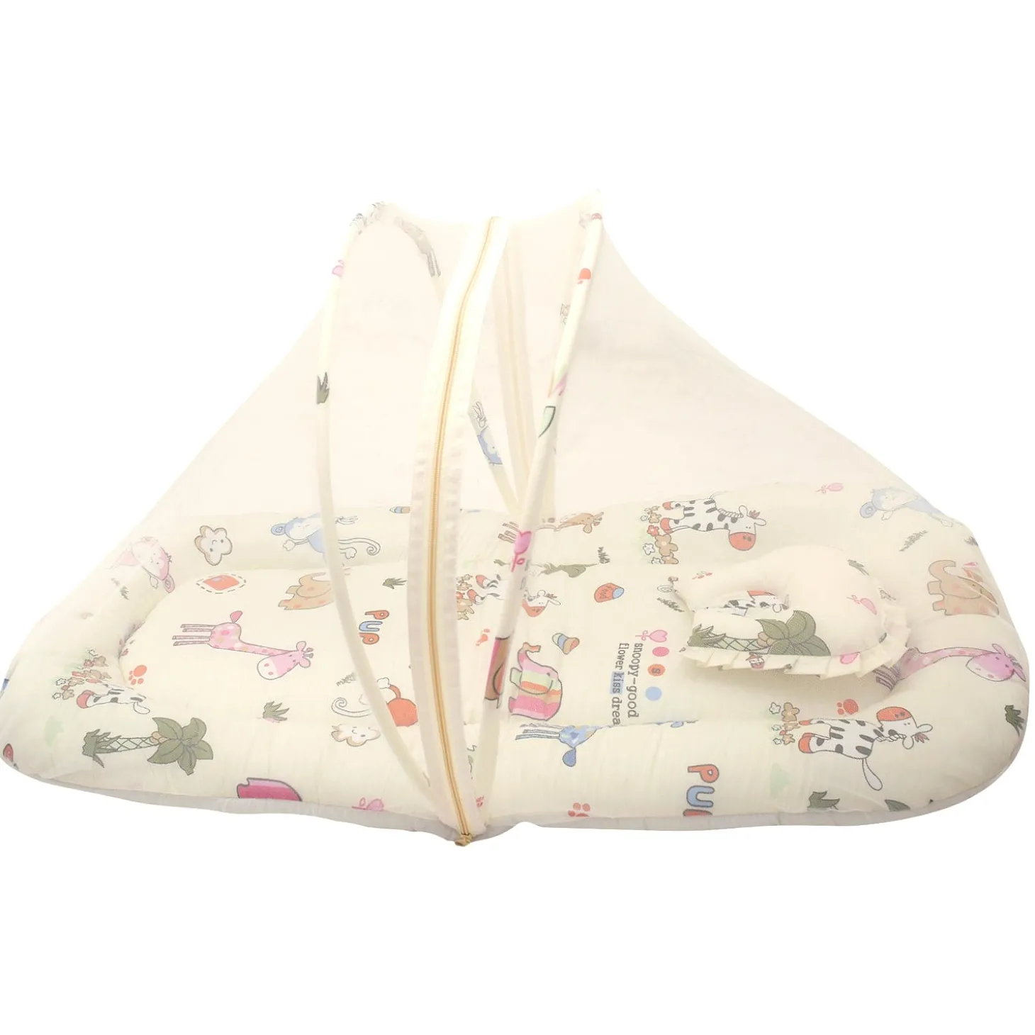 Mosquito Net Tent Mattress Set With Neck Pillow I Love Animals Cream