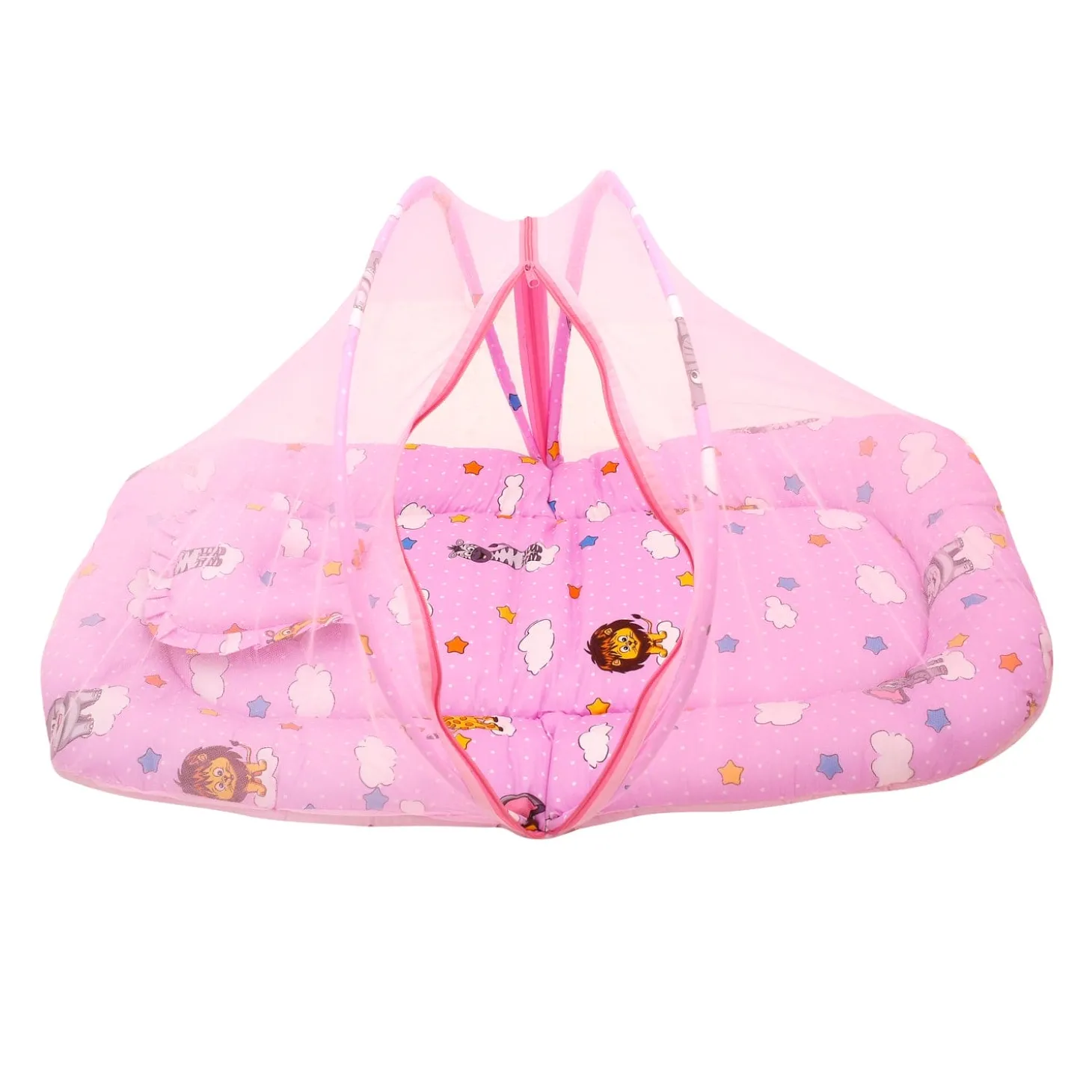 Mosquito Net Tent Mattress Set With Neck Pillow Flying Animals Pink
