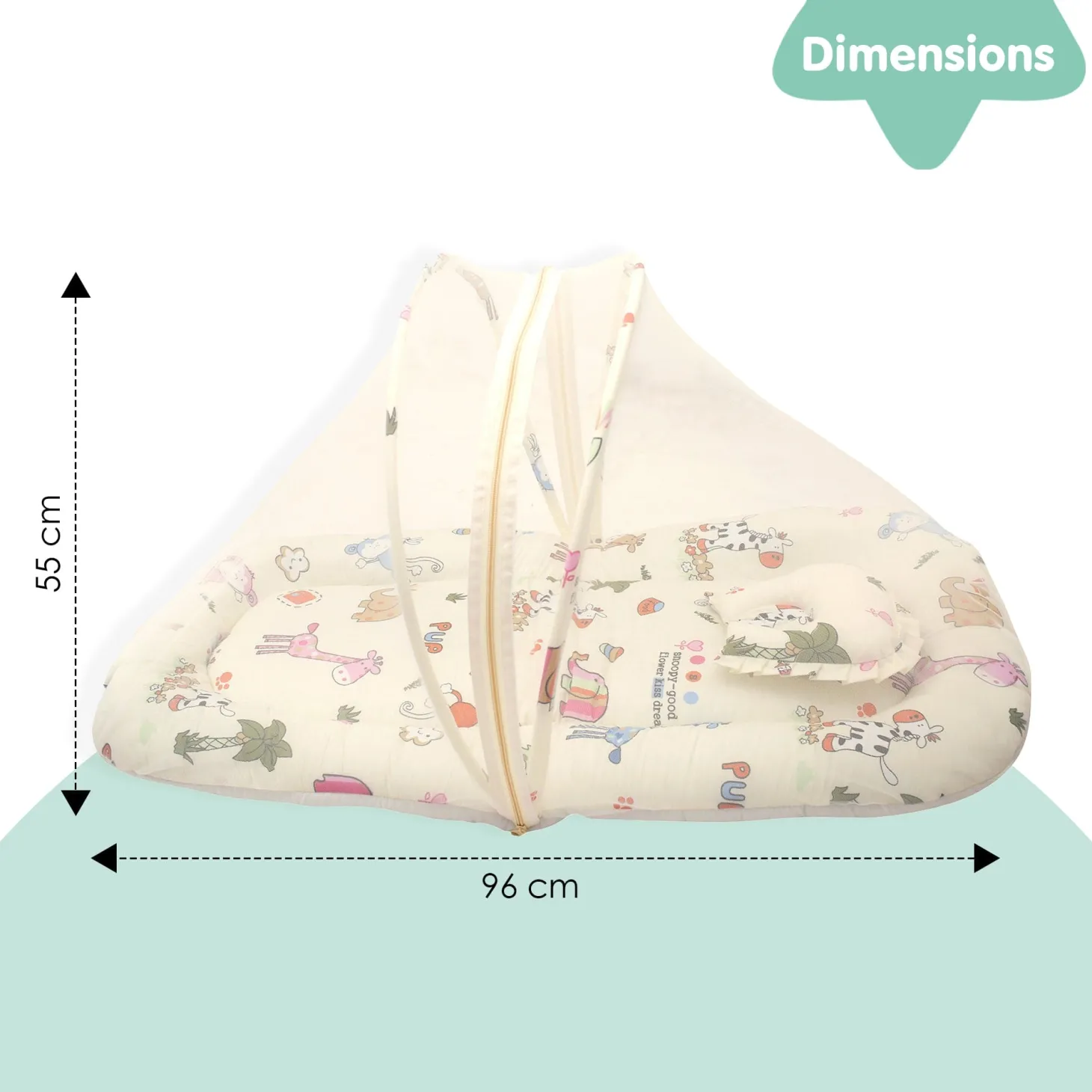 Mosquito Net Tent Mattress Set With Neck Pillow I Love Animals Cream