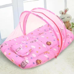 Mosquito Net Tent Mattress Set With Neck Pillow Flying Animals Pink