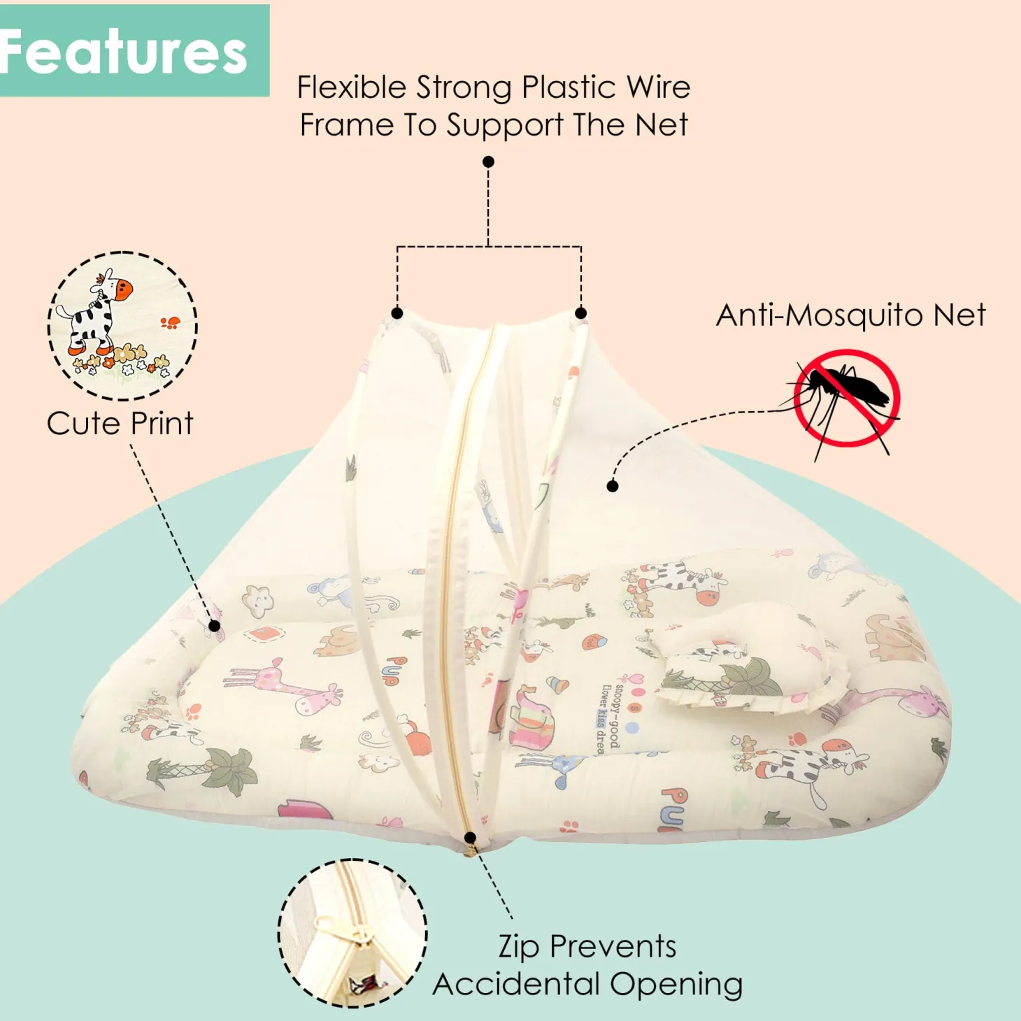 Mosquito Net Tent Mattress Set With Neck Pillow I Love Animals Cream