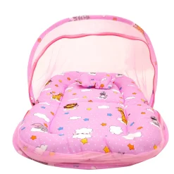 Mosquito Net Tent Mattress Set With Neck Pillow Flying Animals Pink