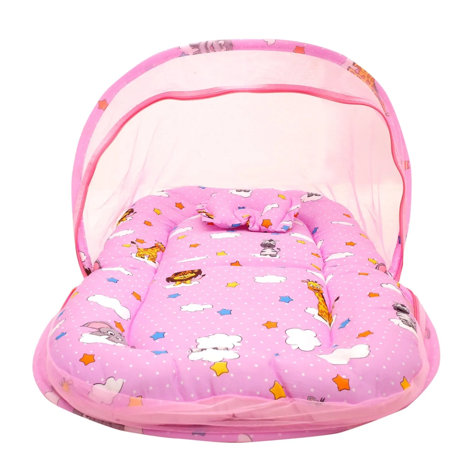 Mosquito Net Tent Mattress Set With Neck Pillow Flying Animals Pink