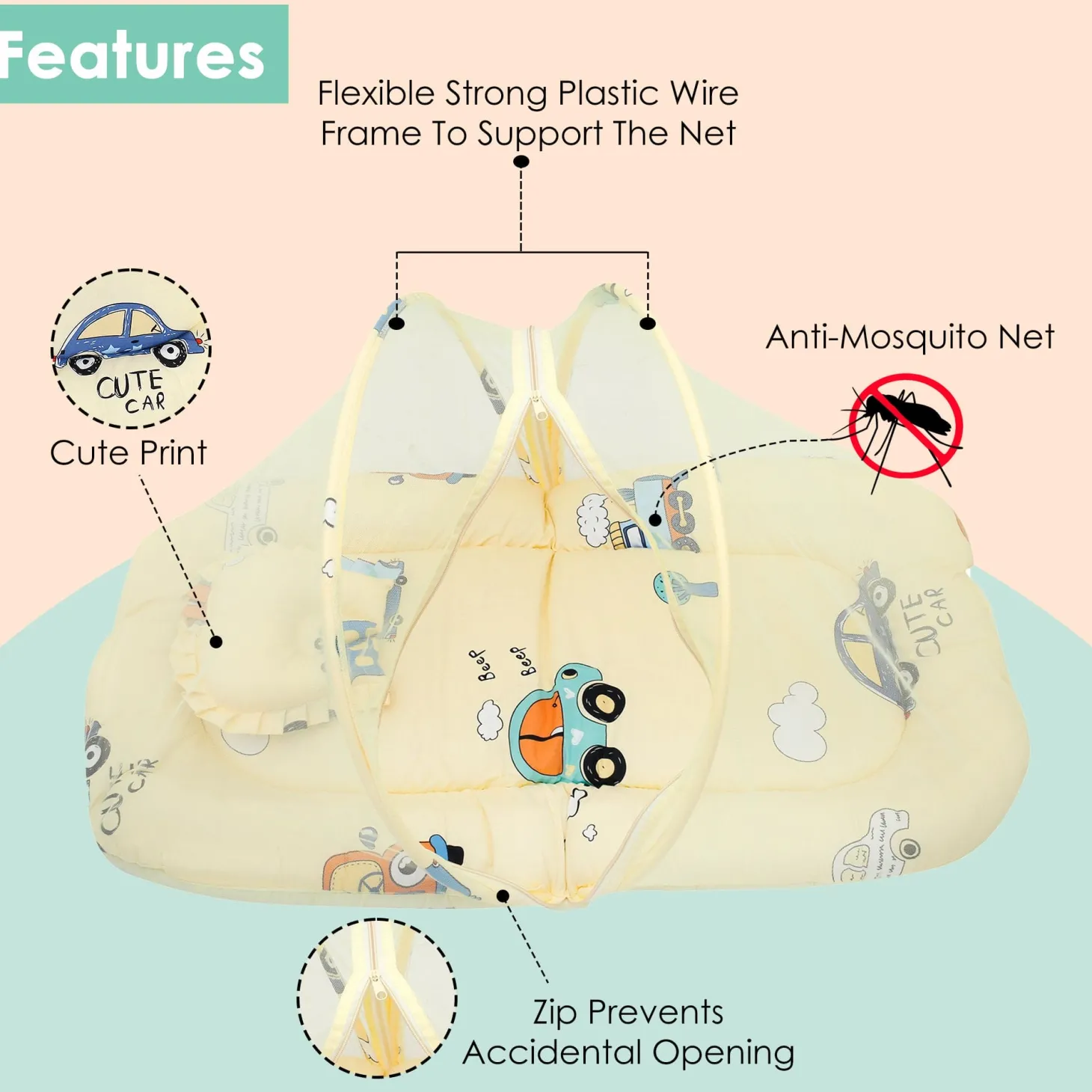 Mosquito Net Tent Mattress Set With Neck Pillow Vintage Ride Yellow