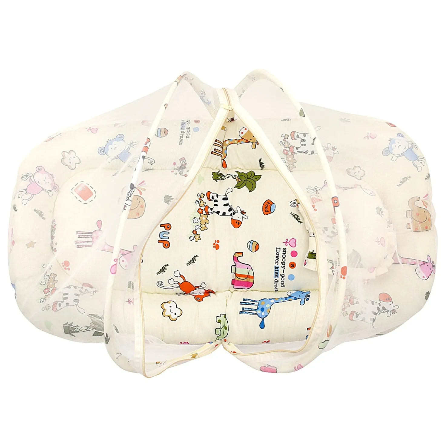Mosquito Net Tent Mattress Set With Neck Pillow I Love Animals Cream