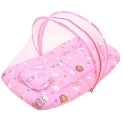 Mosquito Net Tent Mattress Set With Neck Pillow Flying Animals Pink