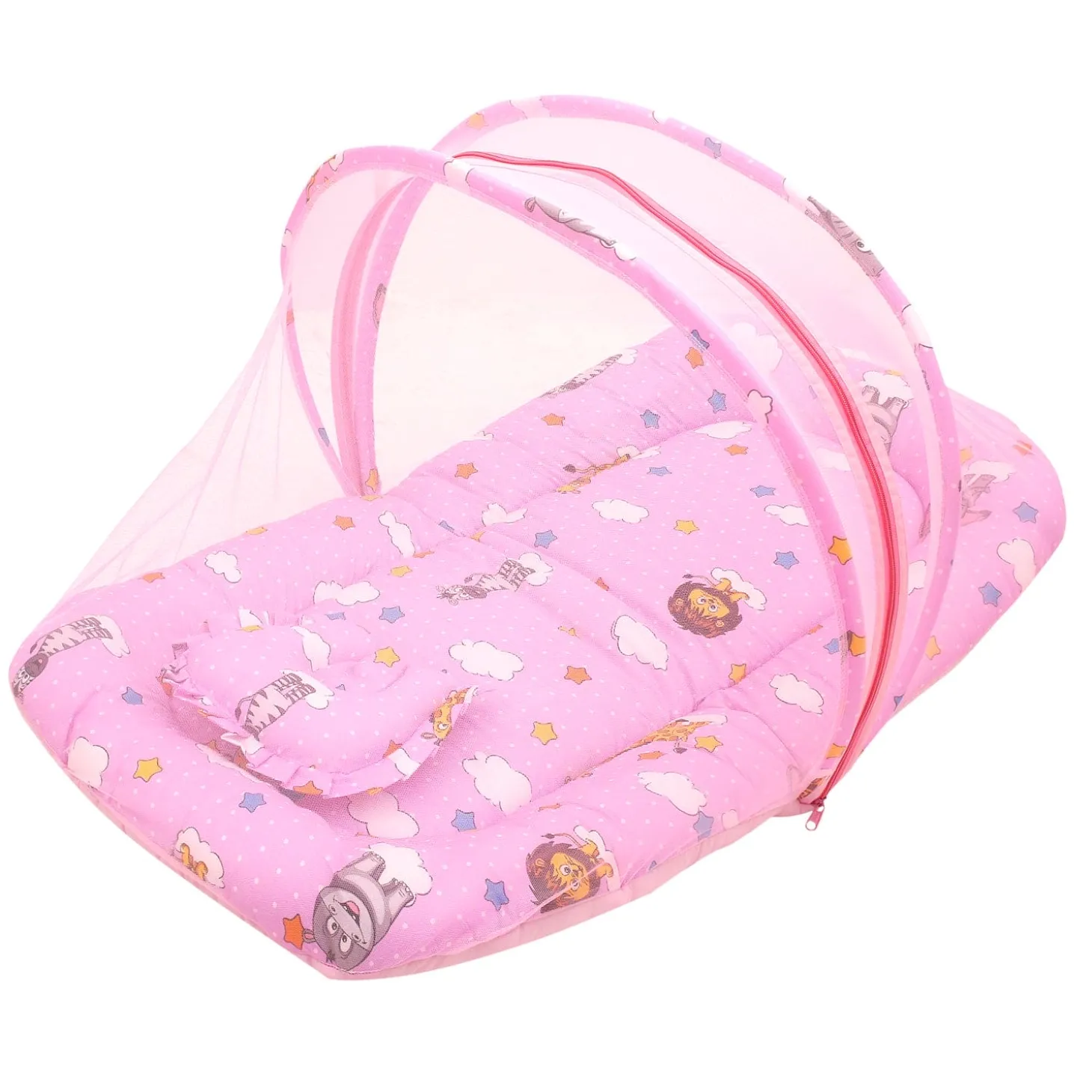 Mosquito Net Tent Mattress Set With Neck Pillow Flying Animals Pink