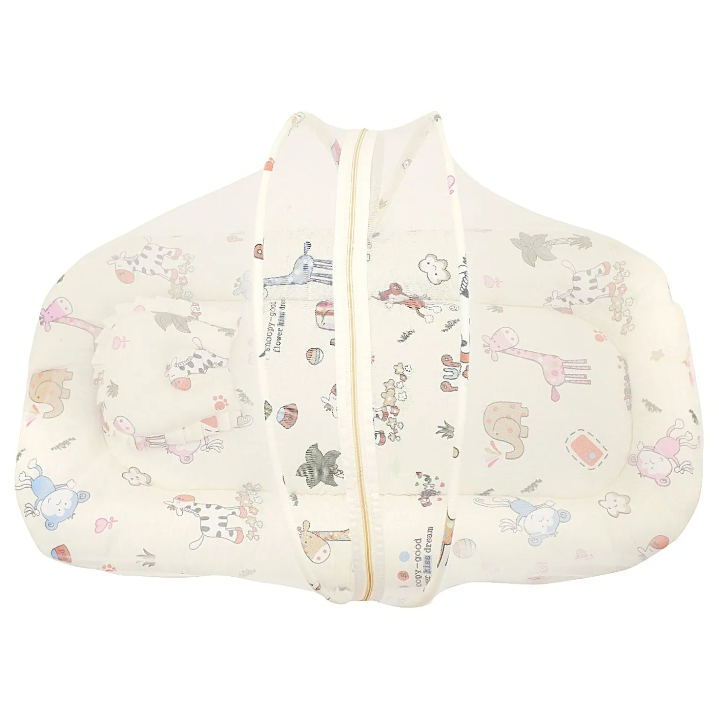 Mosquito Net Tent Mattress Set With Neck Pillow I Love Animals Cream