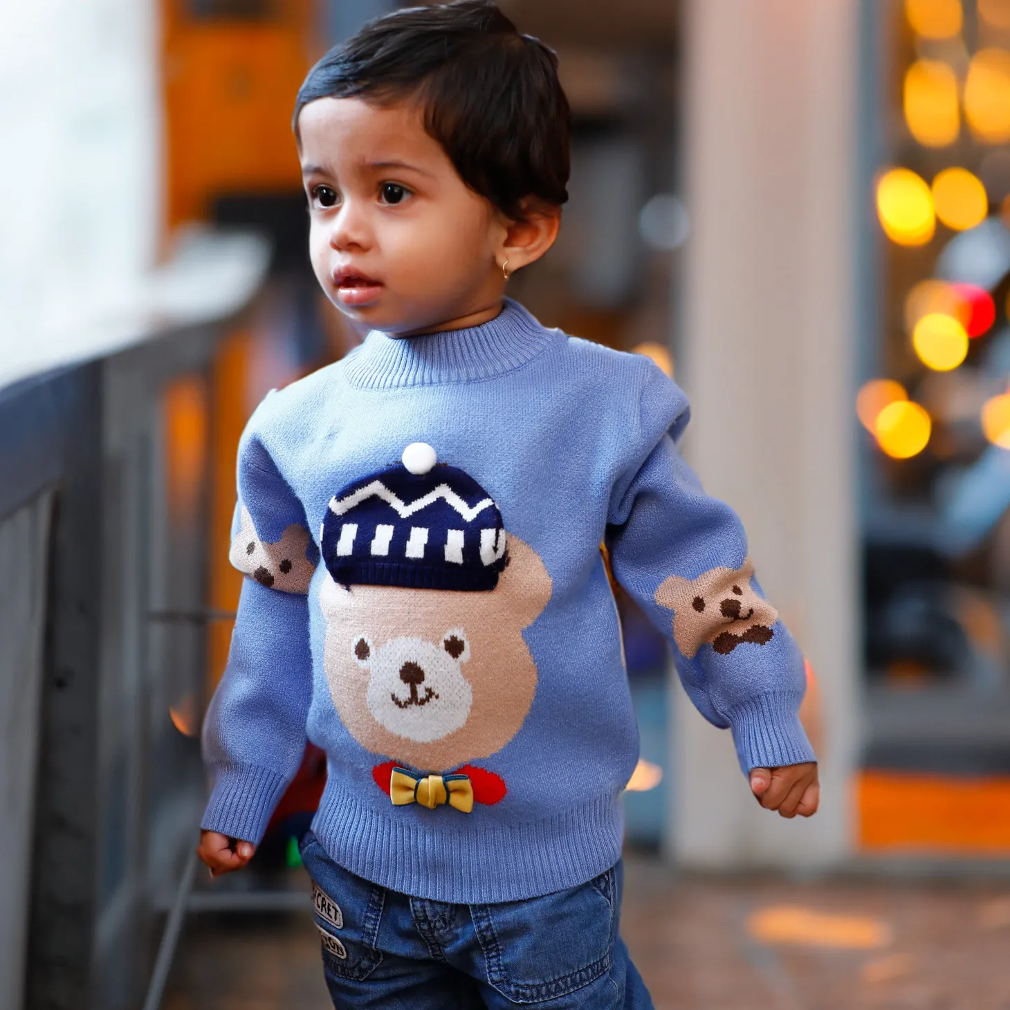 Mr. Bear Premium Full Sleeves Knitted Sweater With 3D Applique - Blue