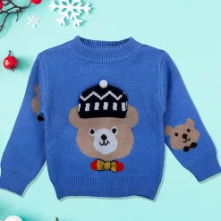 Mr. Bear Premium Full Sleeves Knitted Sweater With 3D Applique - Blue