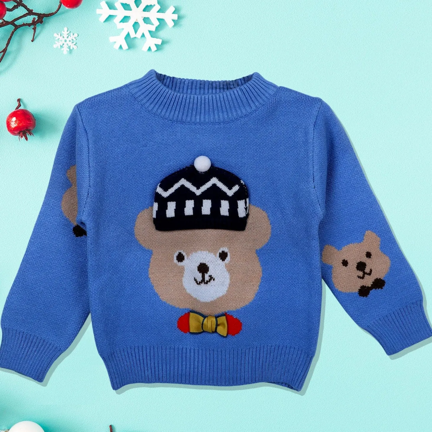 Mr. Bear Premium Full Sleeves Knitted Sweater With 3D Applique - Blue
