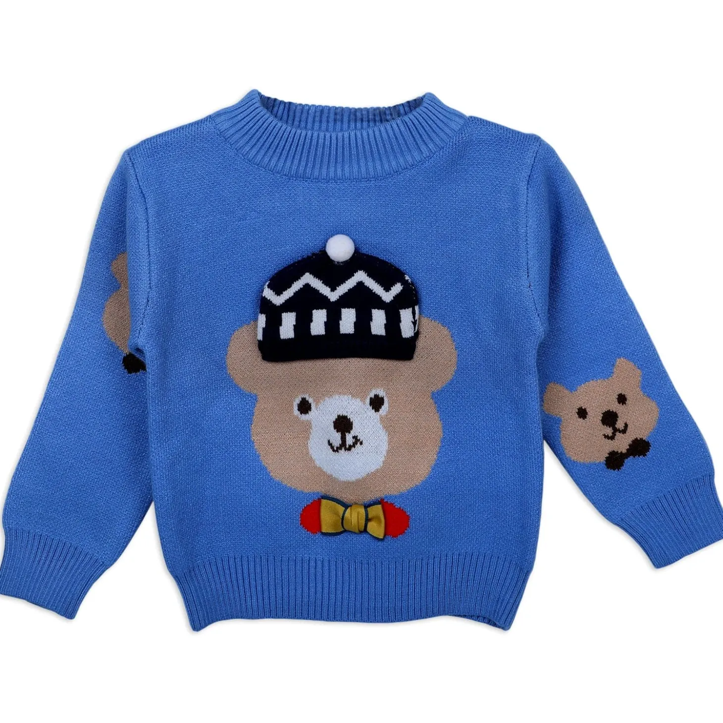 Mr. Bear Premium Full Sleeves Knitted Sweater With 3D Applique - Blue