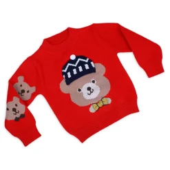 Mr. Bear Premium Full Sleeves Knitted Sweater With 3D Applique - Red