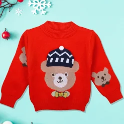 Mr. Bear Premium Full Sleeves Knitted Sweater With 3D Applique - Red