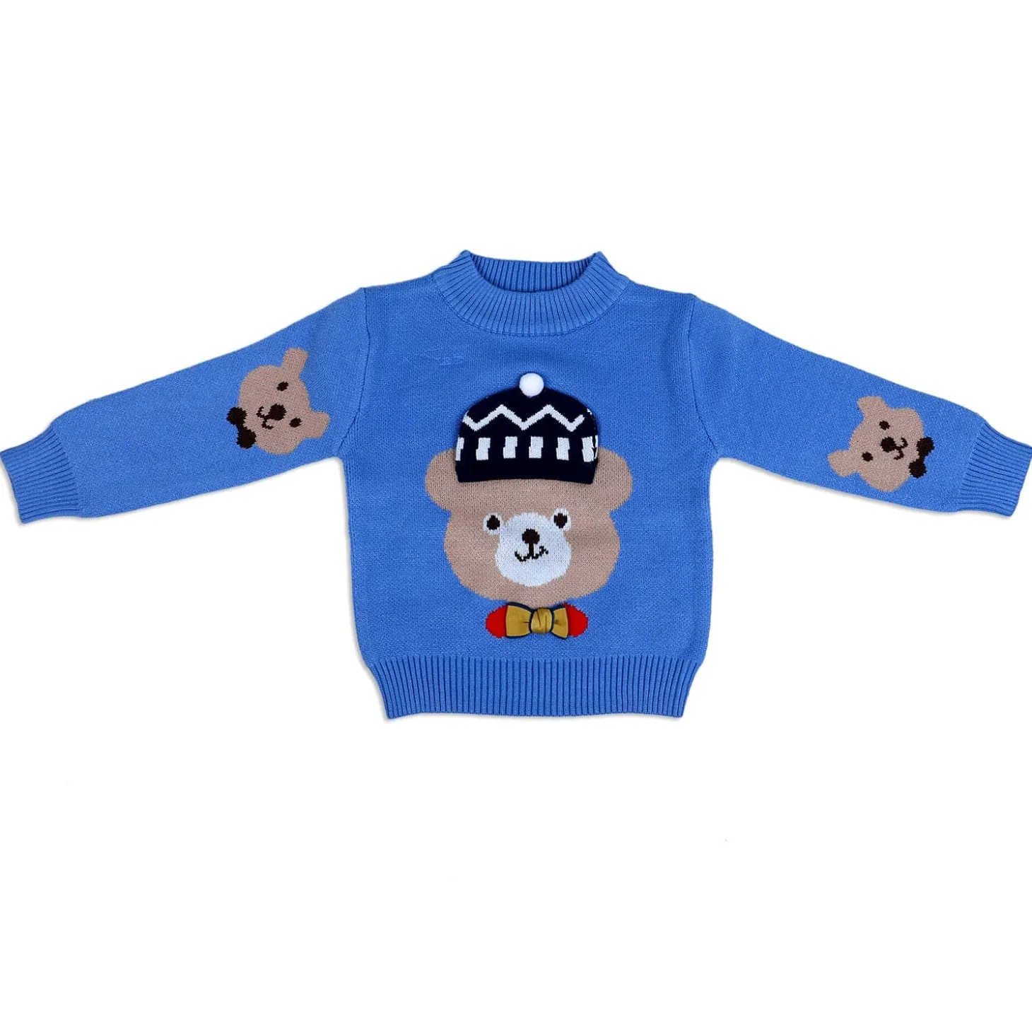 Mr. Bear Premium Full Sleeves Knitted Sweater With 3D Applique - Blue