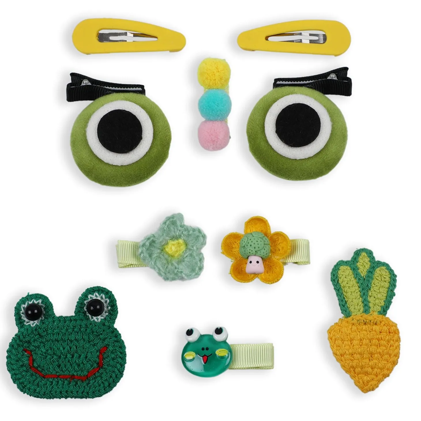 Myrina Frogs Hair Clips Set 10 Pcs - Green, Yellow