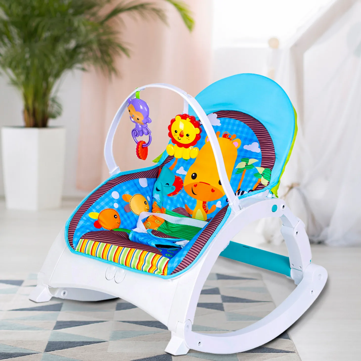 Newborn To Toddler Happy Baby Bouncer With Hanging Toys Blue
