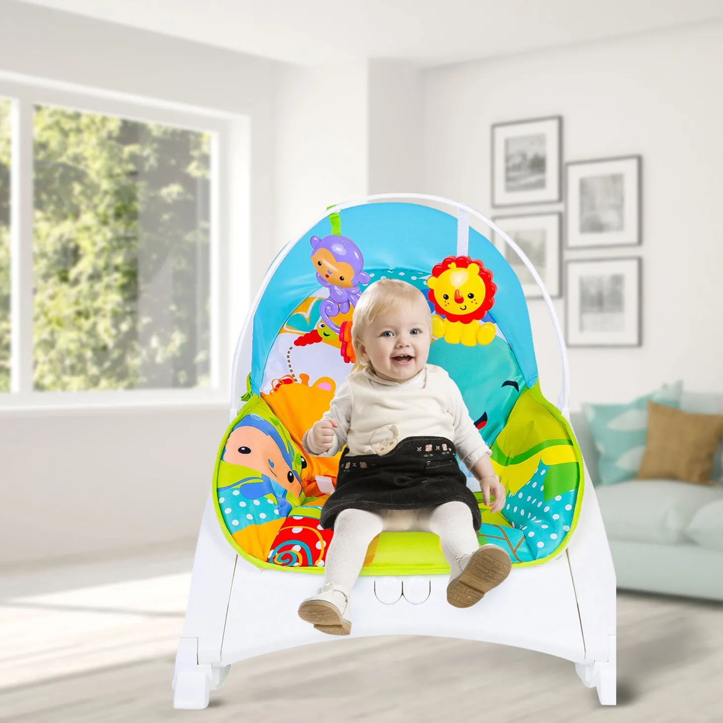 Newborn To Toddler Happy Baby Bouncer With Hanging Toys Green