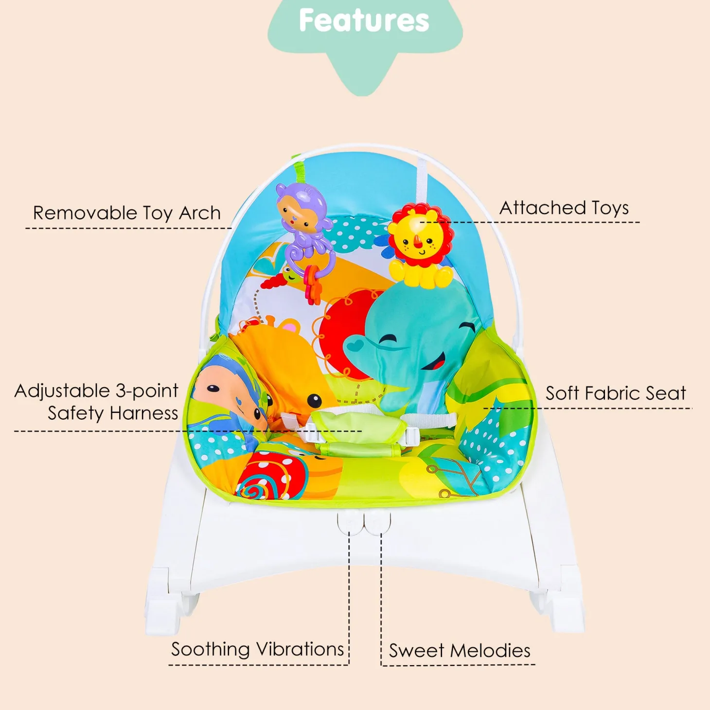 Newborn To Toddler Happy Baby Bouncer With Hanging Toys Green