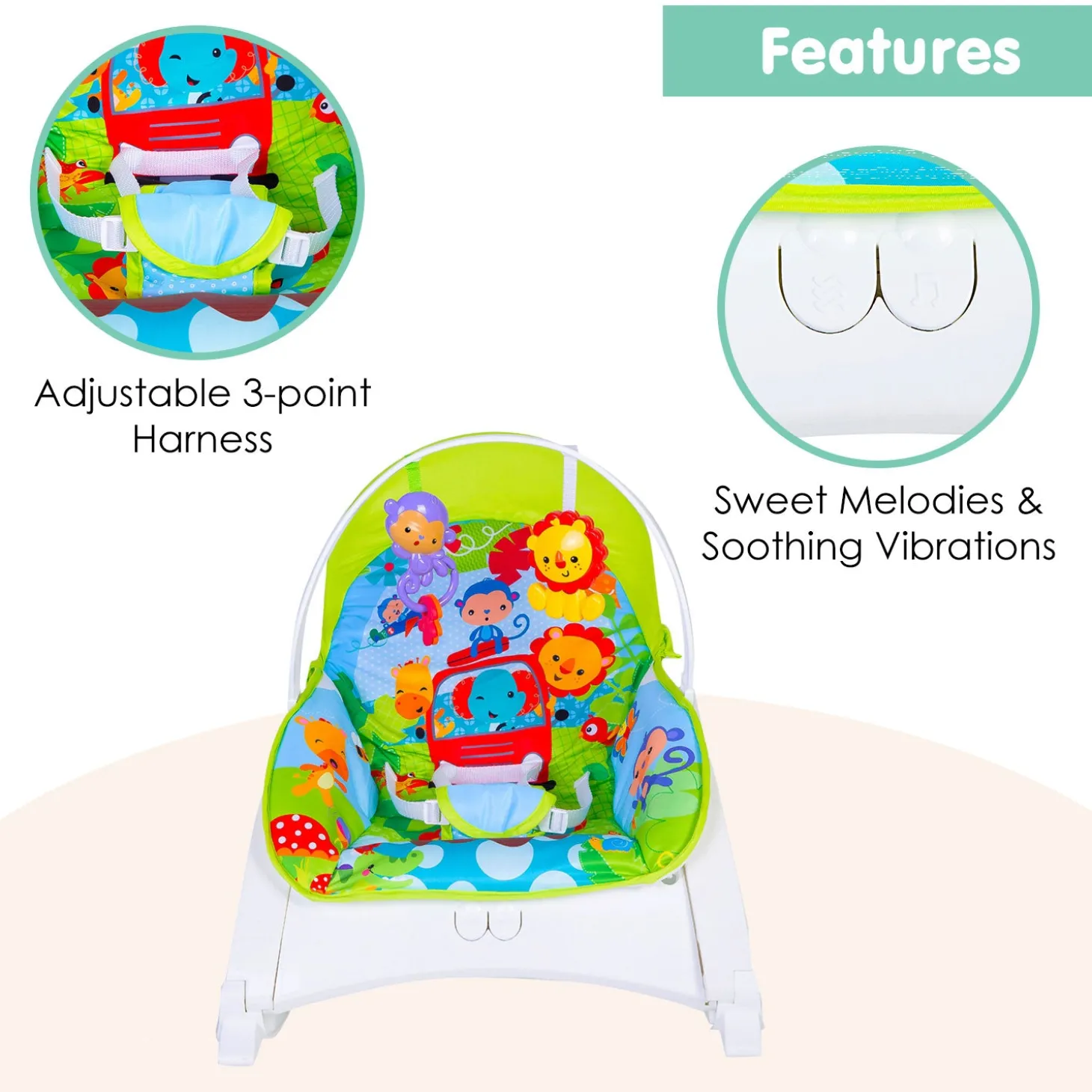 Newborn To Toddler Portable Bouncer With Hanging Toys Green