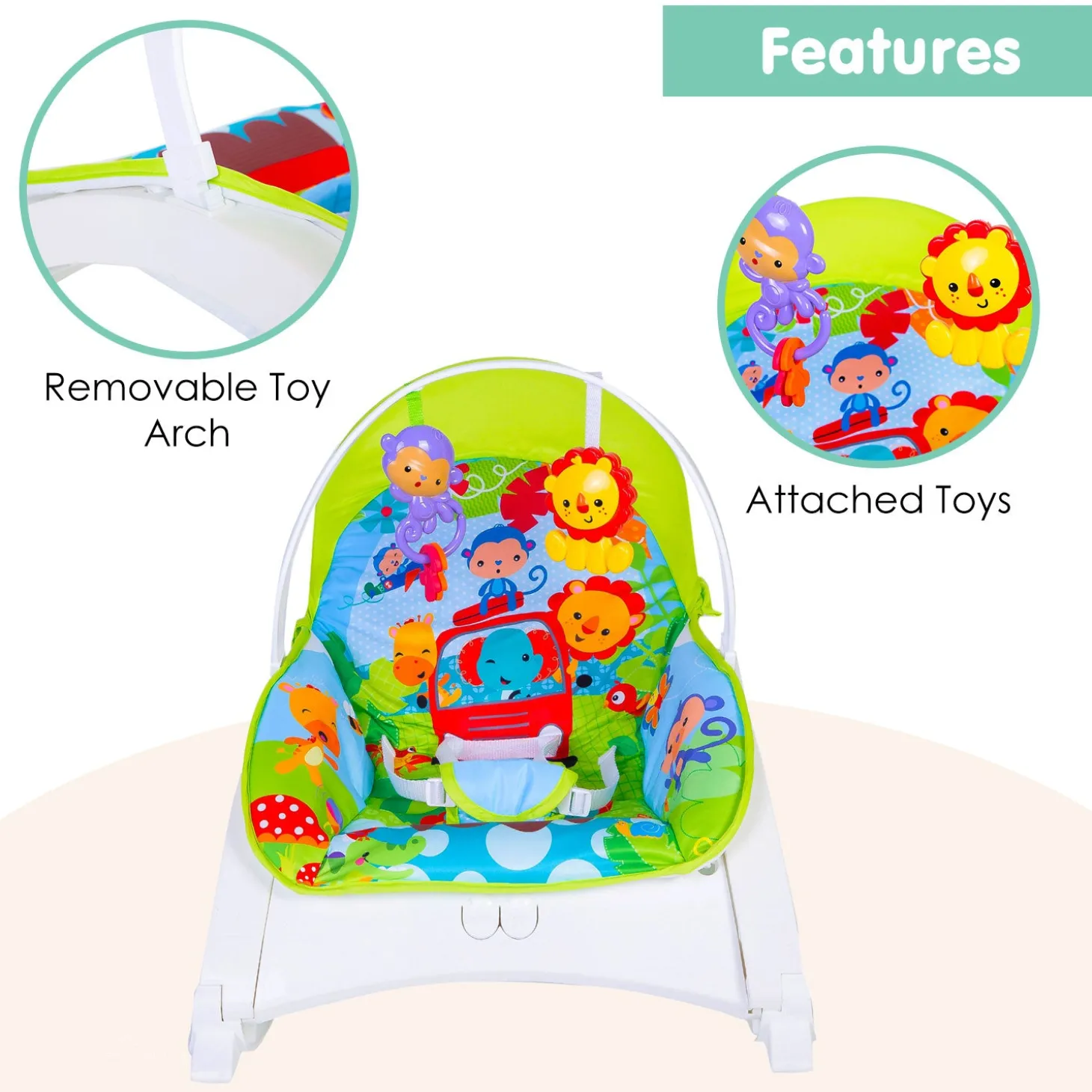 Newborn To Toddler Portable Bouncer With Hanging Toys Green