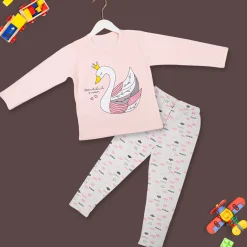 Night Suit Cotton Tshirt And Pyjama Princess Swan Pink