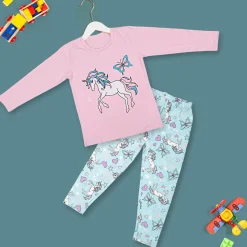 Night Suit Cotton Tshirt Pyjama Unicorn And Butterfly Pink