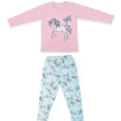 Night Suit Cotton Tshirt Pyjama Unicorn And Butterfly Pink