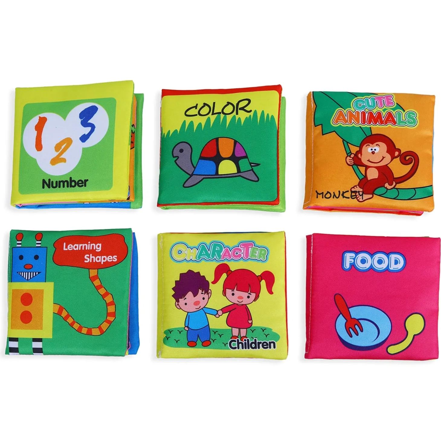 Numbers Animals Shapes Colours Food Characters Educational Cloth Book with Sound Paper Set of 6 - Multicolour