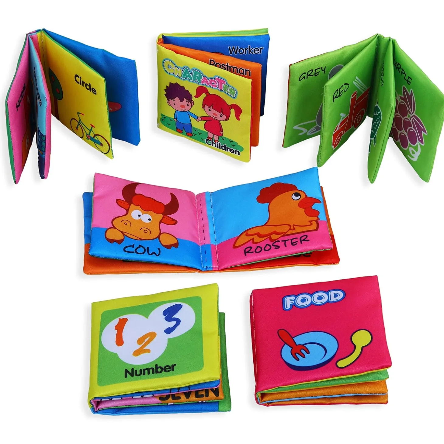 Numbers Animals Shapes Colours Food Characters Educational Cloth Book with Sound Paper Set of 6 - Multicolour